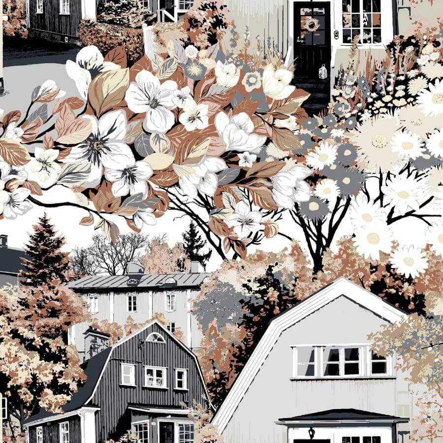 Zasłony dekoracyjne KÄPYLÄ brązowe gotowe bawełniane 140 x 250. Fragment wzoru z drzewami, kwiatami i skandynawskimi domkami