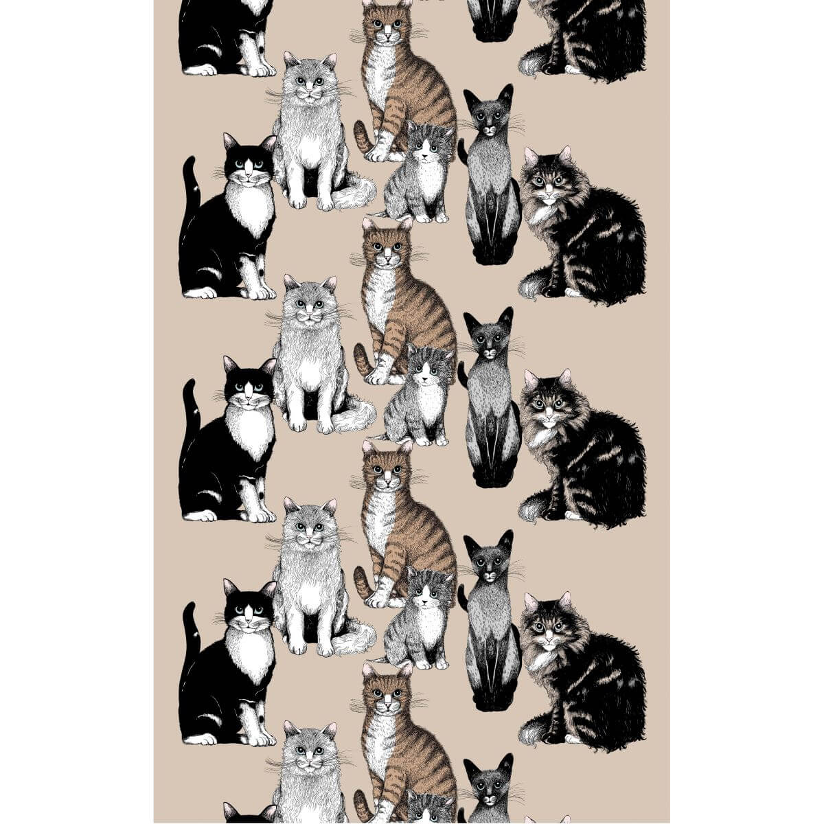 Wzór zasłony w koty KITTIES z malowanymi siedzącymi małymi i dużymi kotkami. Wzór zasłony w brązowe i czarne koty na beżowym tle