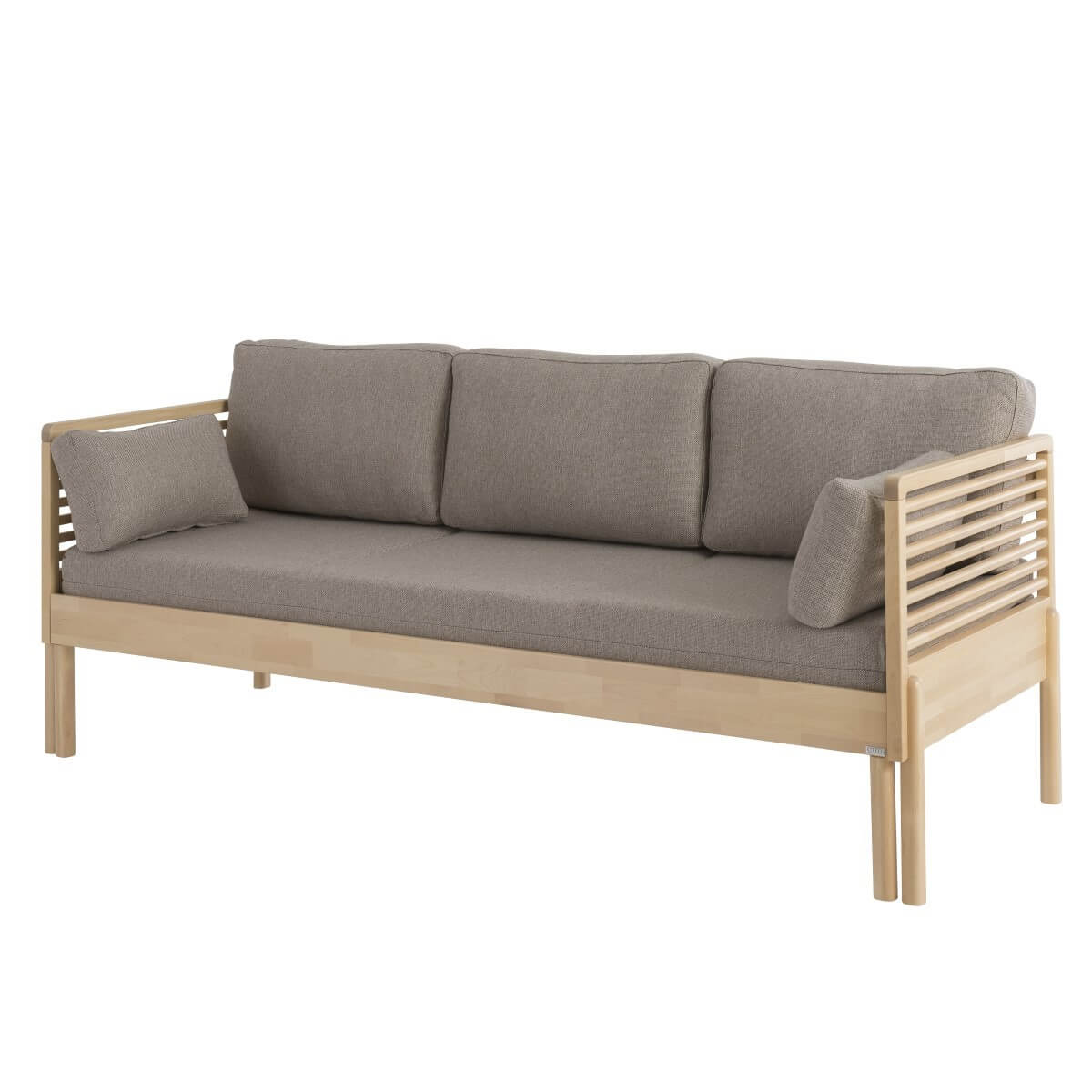 Nowoczesna sofa z funkcją spania LENNU z drewna brzozy skandynawskiej z beżowym materacem. Wysokie drewniane nóżki