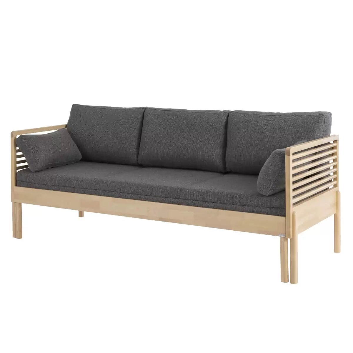 Nowoczesna sofa z funkcją spania LENNU z litego drewna brzozy skandynawskiej na wysokich nóżkach z szarym materacem