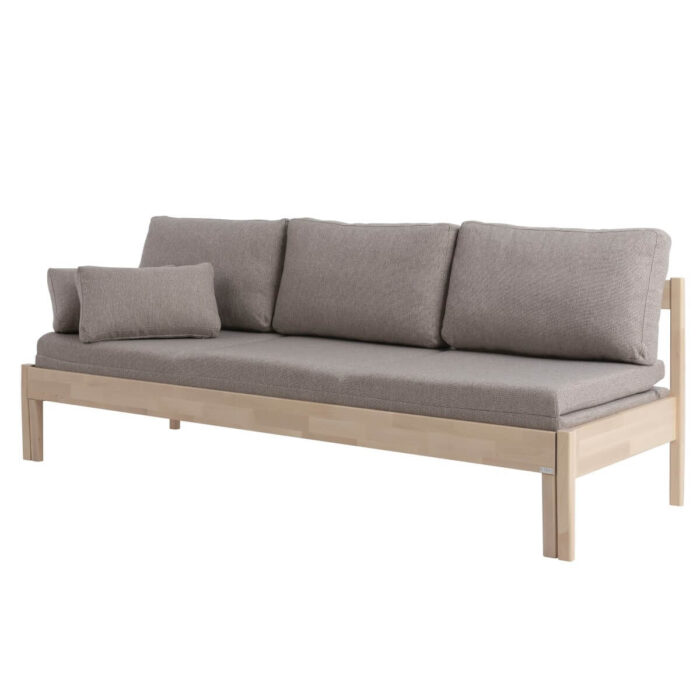 Sofa bez boków NOEL z drewna brzozy skandynawskiej, na wysokich nóżkach, beżowy materac. Skandynawski design