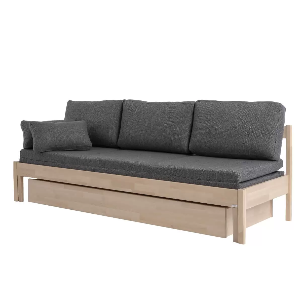 Sofa bez boków NOEL z szarym materacem z pojemnikiem na pościel z litego drewna brzozy skandynawskiej