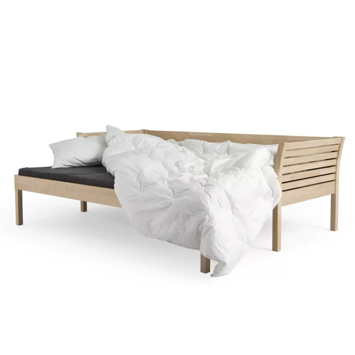 Sofa skandynawska z funkcją spania KANERVA rozłożona razem z pościelą na szarym materacu