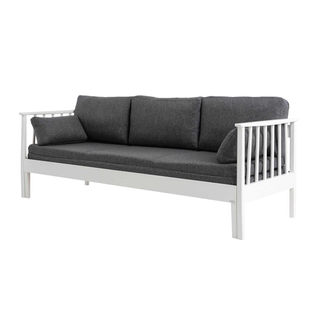 Sofa wysuwana do przodu NOEL z drewna brzozy skandynawskiej lakierowanej na biało z szarym materacem. Nowoczesny design