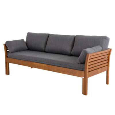 Sofa skandynawska 3 osobowa KANERVA rozkładana, z drewna brzozy kolor orzech, na wysokich nogach, szary materac i 5 poduszek. Nowoczesny design