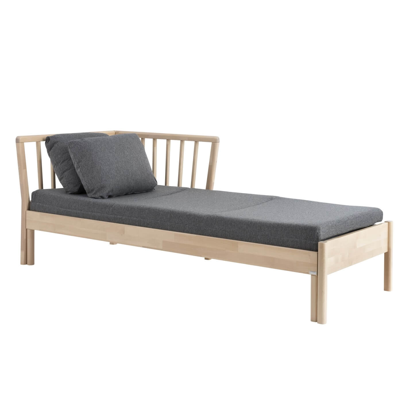 Szezlong nowoczesny FRANZ, rozkładany do salonu, z litego drewna brzozy, szary materac i 2 poduszki. Skandynawski design