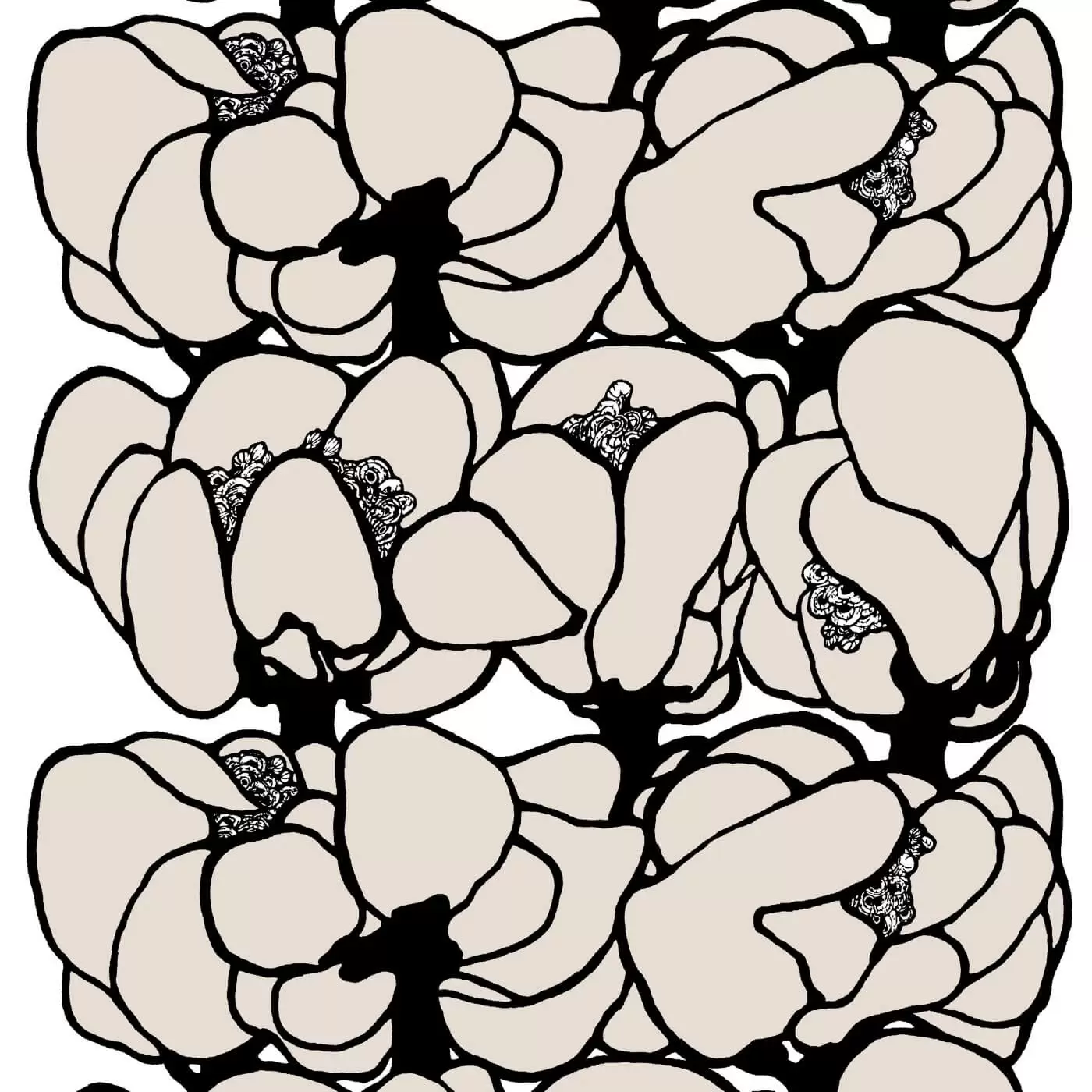 Zasłony design MAKEBA. Fragment wzoru z dużymi kwiatami w odcieniu koloru beżowego i czarnego. Nowoczesne wzornictwo, styl skandynawski