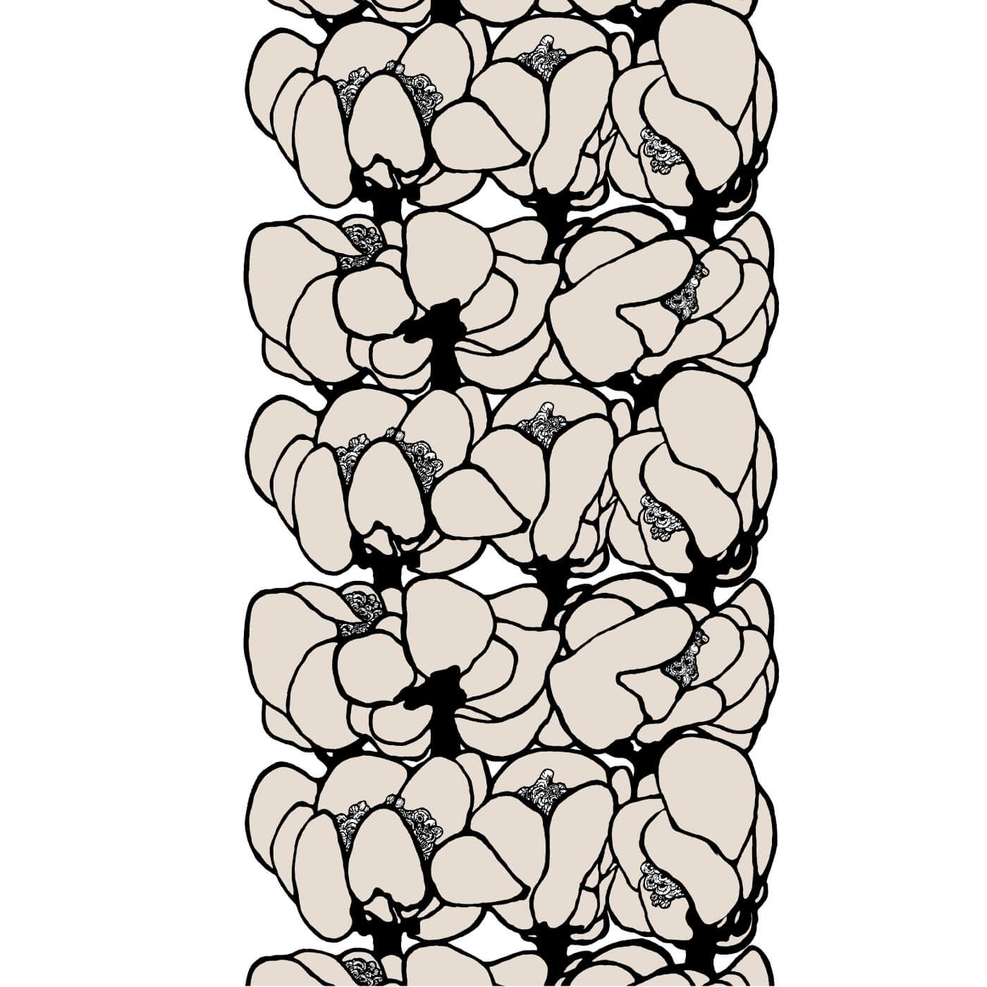 Zasłony design MAKEBA. Wzór nowoczesnej zasłony do salonu 140×250 w duże kwiaty w odcieniu koloru beżowego i czarnego. Styl skandynawski