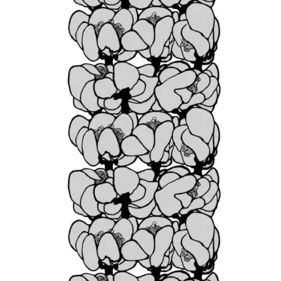 Zasłony przyciemniające MAKEBA. Wzór zasłony na taśmie z dużymi szaro czarnymi kwiatami. Nowoczesny skandynawski design