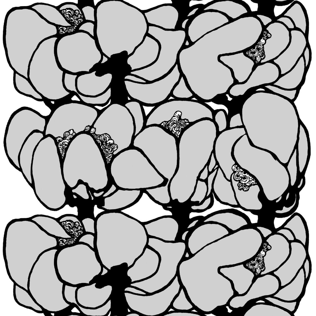 Zasłony przyciemniające MAKEBA. Fragment wzoru zasłony na taśmie z dużymi szaro czarnymi kwiatami. Nowoczesny skandynawski design