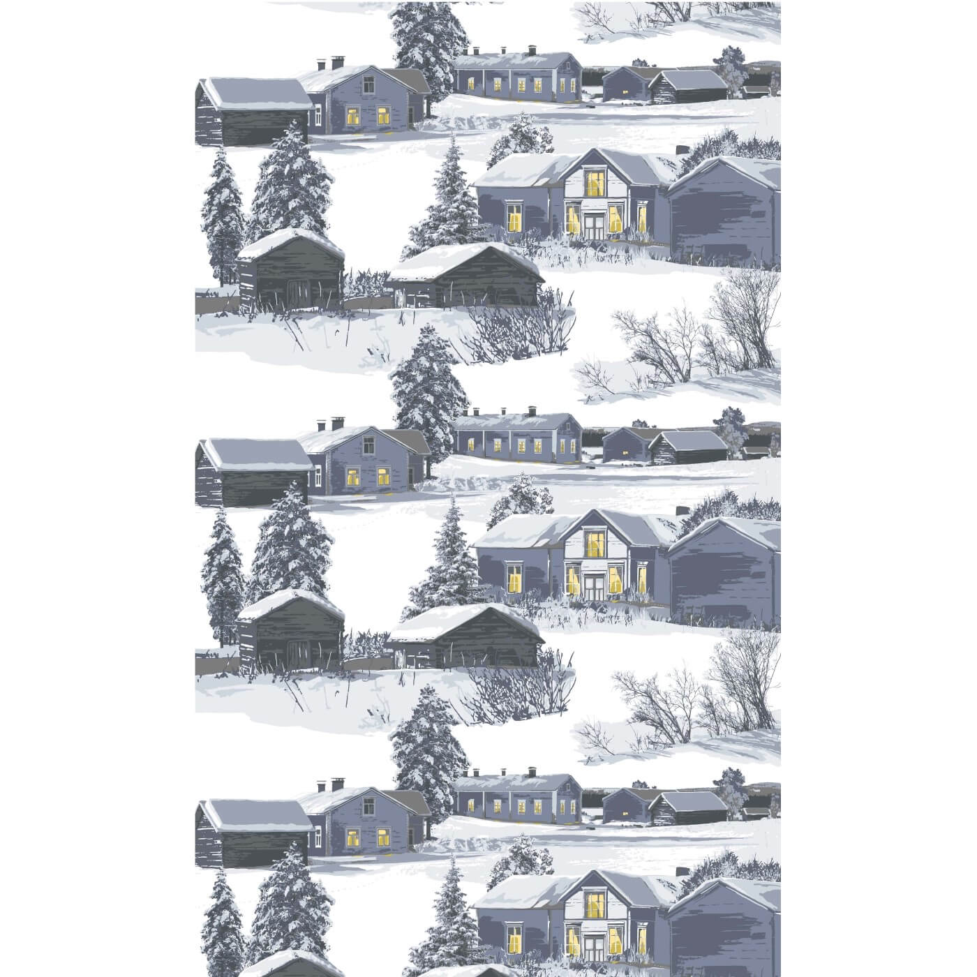 Zasłony skandynawskie MUISTO. Wzór z zimowym obrazem skandynawskie wsi. Drewniane domki i ośnieżone choinki. Kolory szary, biały, niebieski