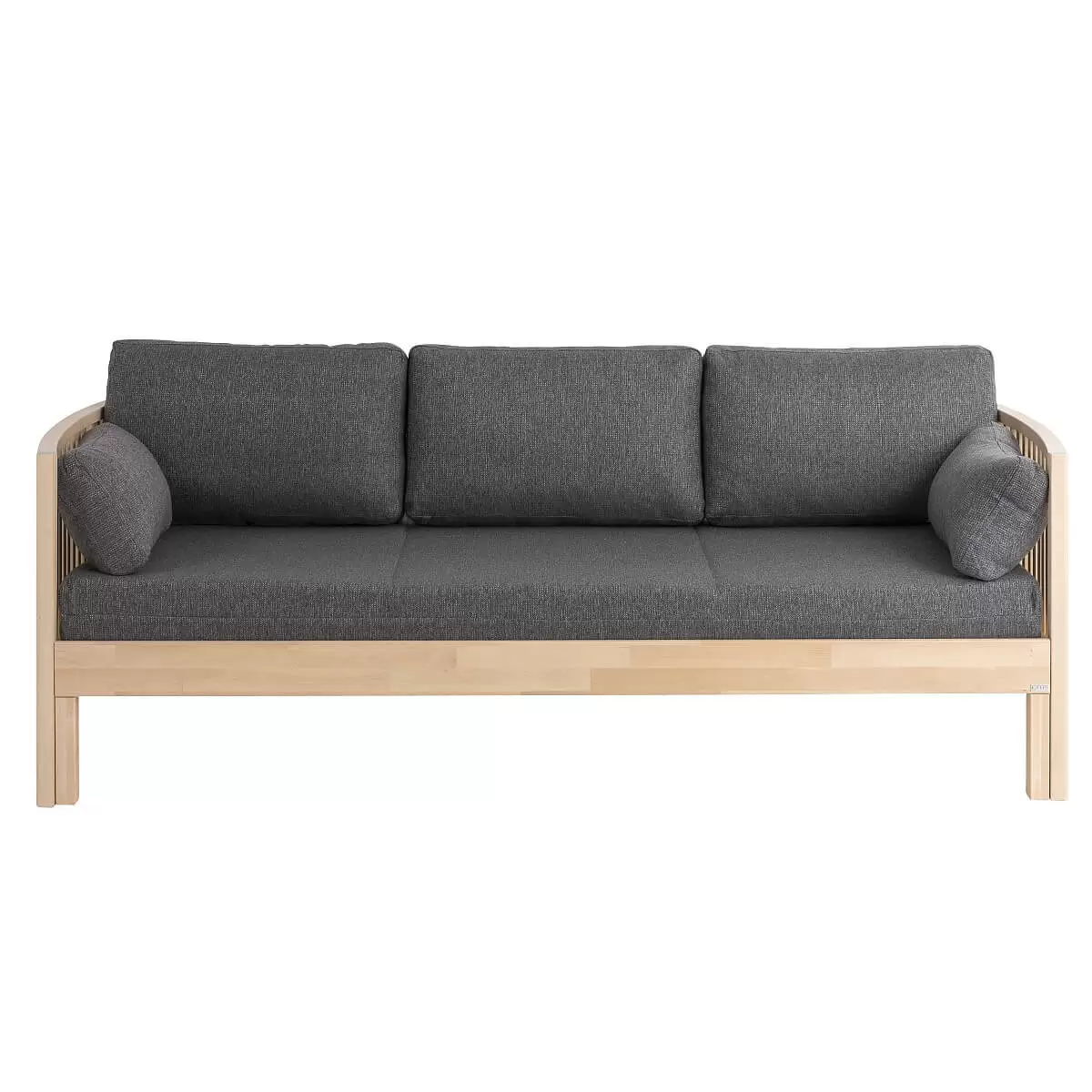 Designerska sofa AARRE rozkładana z drewna brzozy skandynawskiej, z szarym materacem i 5 poduszkami. Nowoczesne minimalistyczne wzornictwo. Widok od przodu