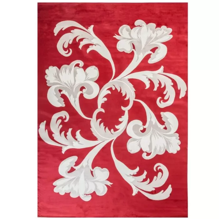 Dywan ornament FANFAARI czerwony w eleganckie biało szare kwiaty i liście. Dywan do salonu z krótkim włosiem i połyskiem wiskozy. Skandynawskie wzornictwo