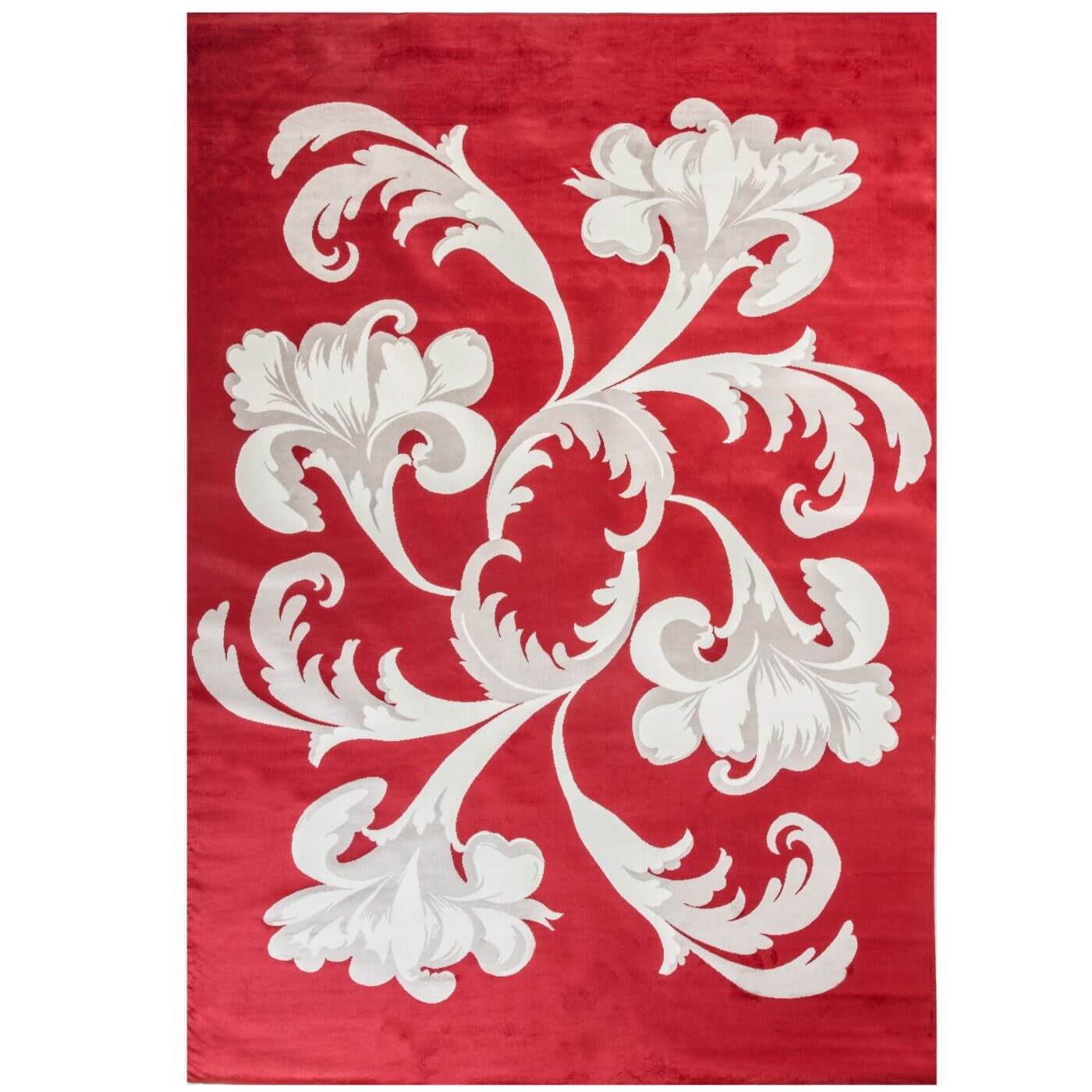 Dywan ornament FANFAARI czerwony w eleganckie biało szare kwiaty i liście. Dywan do salonu z krótkim włosiem i połyskiem wiskozy. Skandynawskie wzornictwo