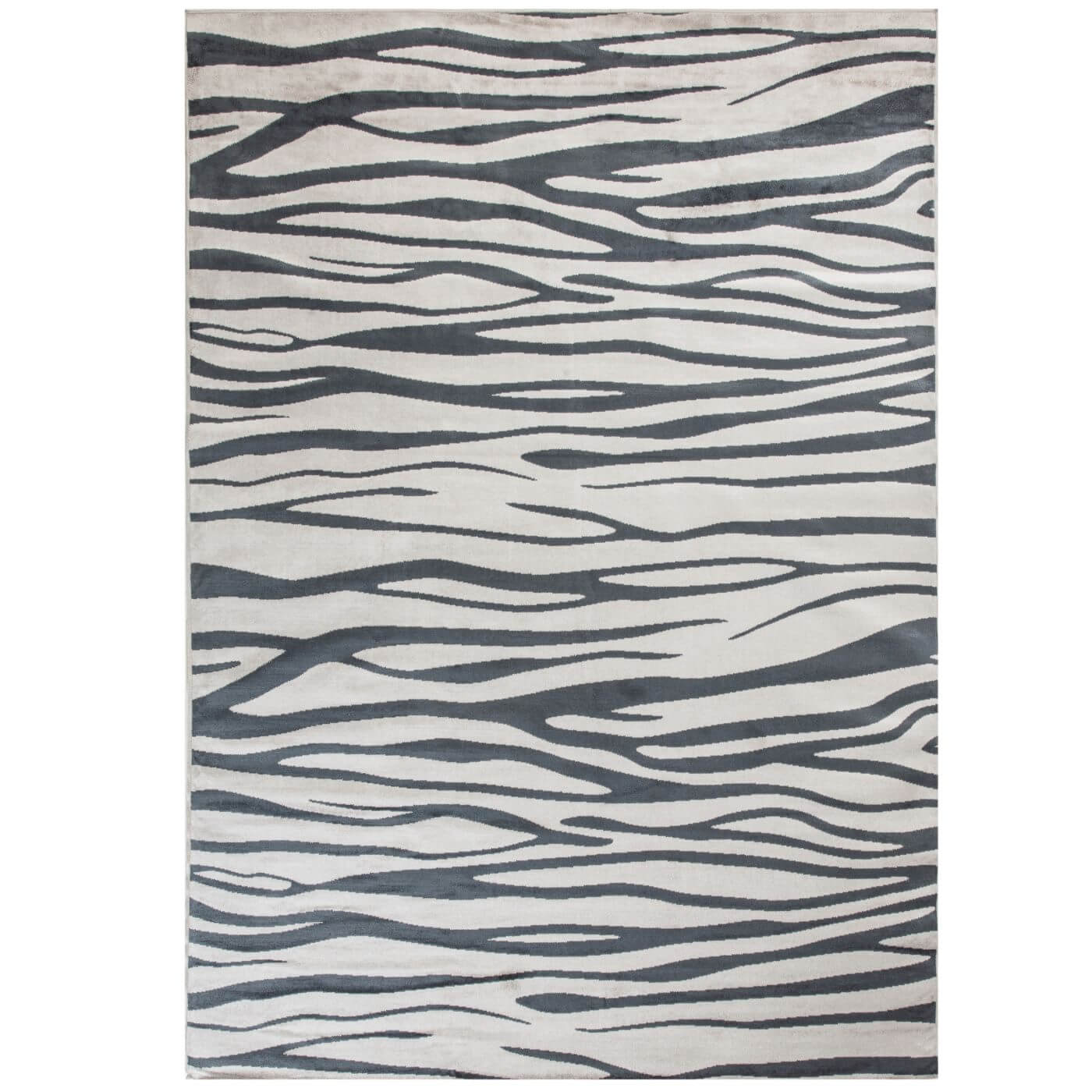 Dywan zebra EBONY. Przybliżenie dywanu z wiskozy w nowoczesny nieregularny wzór w kolorach jasnych i ciemno szarych. Skandynawskie wzornictwo
