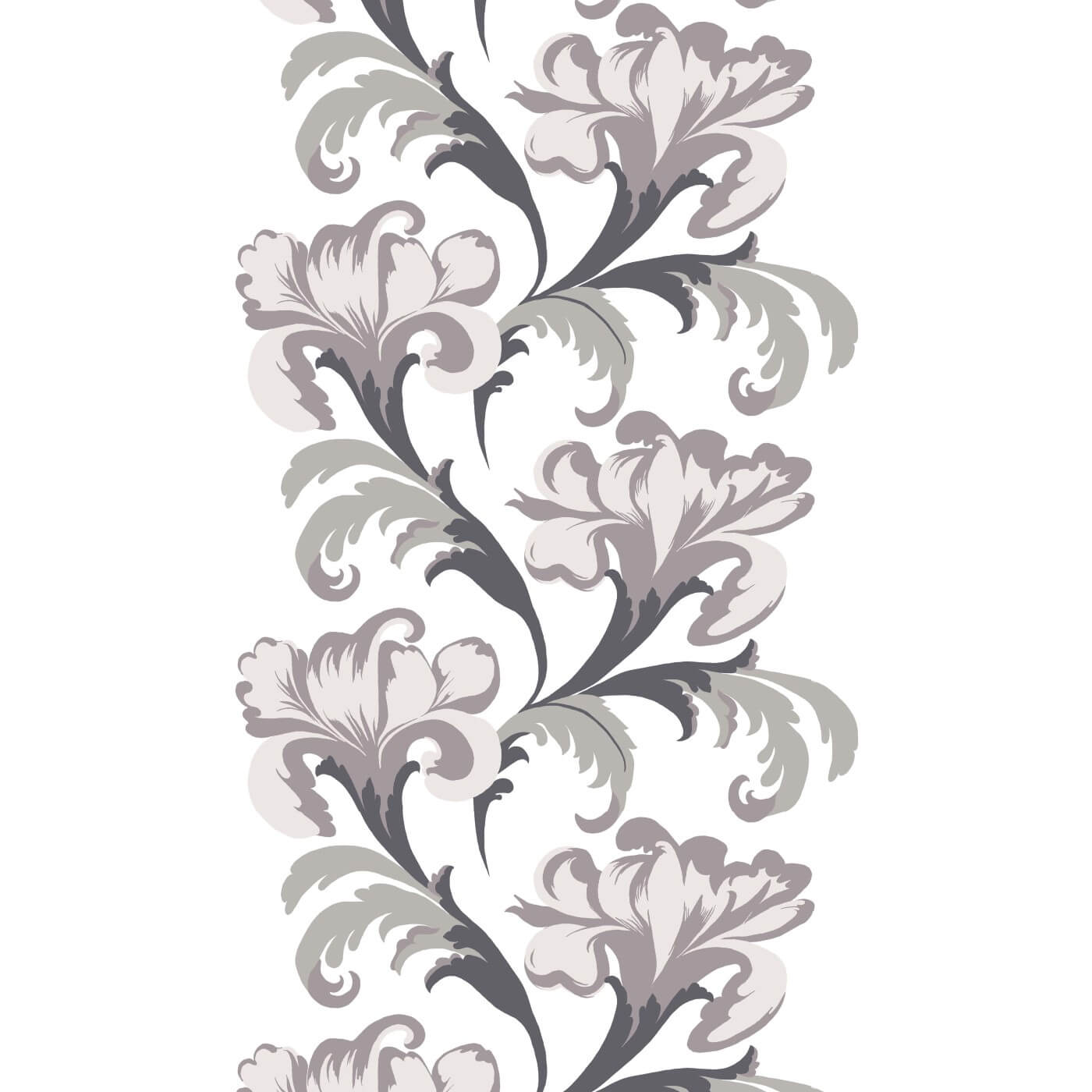 Eleganckie zasłony FANFAARI. Stylizowany duży wzór roślinny w tonacji szarej i zgaszonego pudrowego różu na białym tle