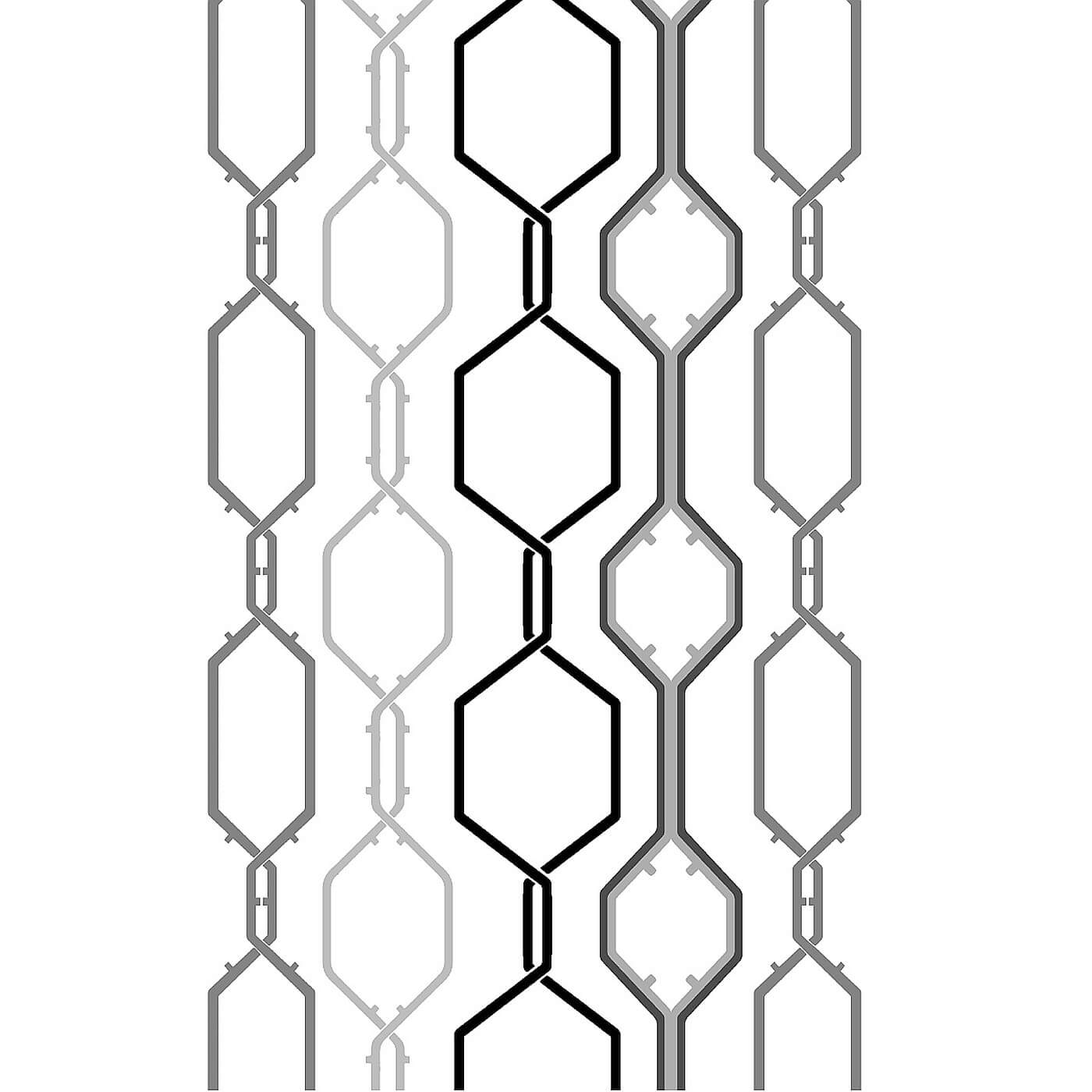 Nowoczesna zasłona LINJA. Wzór białej gotowej zasłony w czarno szare przeplatające się linie tworzące sześciokąty w pionowym układzie. Skandynawski design