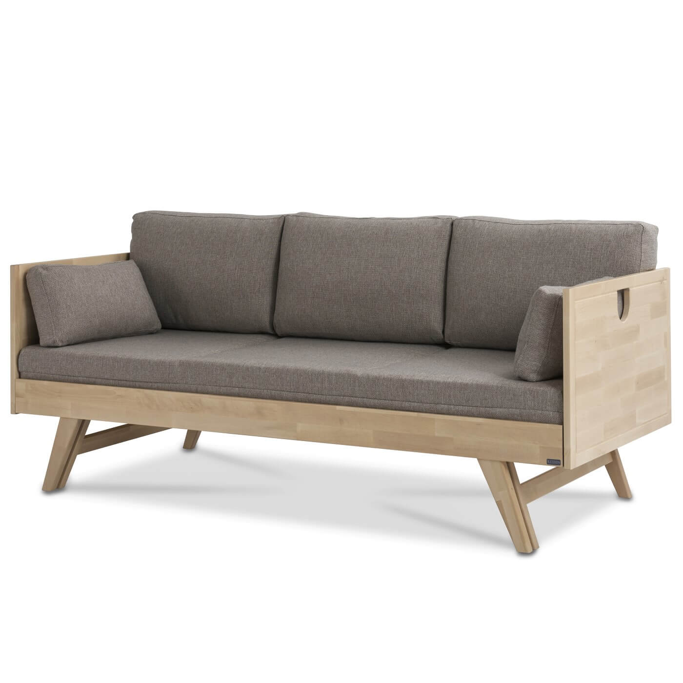Sofa drewniana NOTTE na wysokich nogach, z funkcją spania, z materacem i 5 poduszkami w kolorze beżowym. Nowoczesne skandynawskie wzornictwo