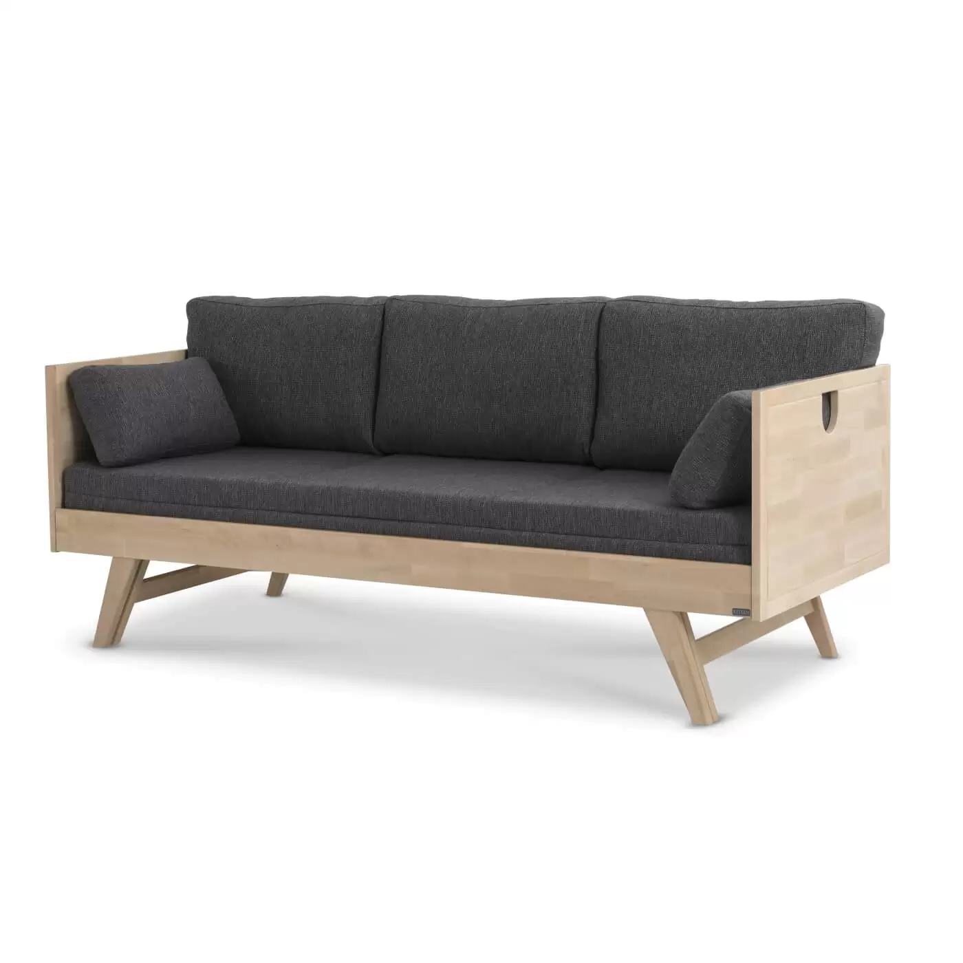 Sofa drewniana NOTTE rozkładana na wysokich nóżkach z brzozy skandynawskiej z szarym materacem i 5 poduszkami. Nowoczesne minimalistyczne wzornictwo