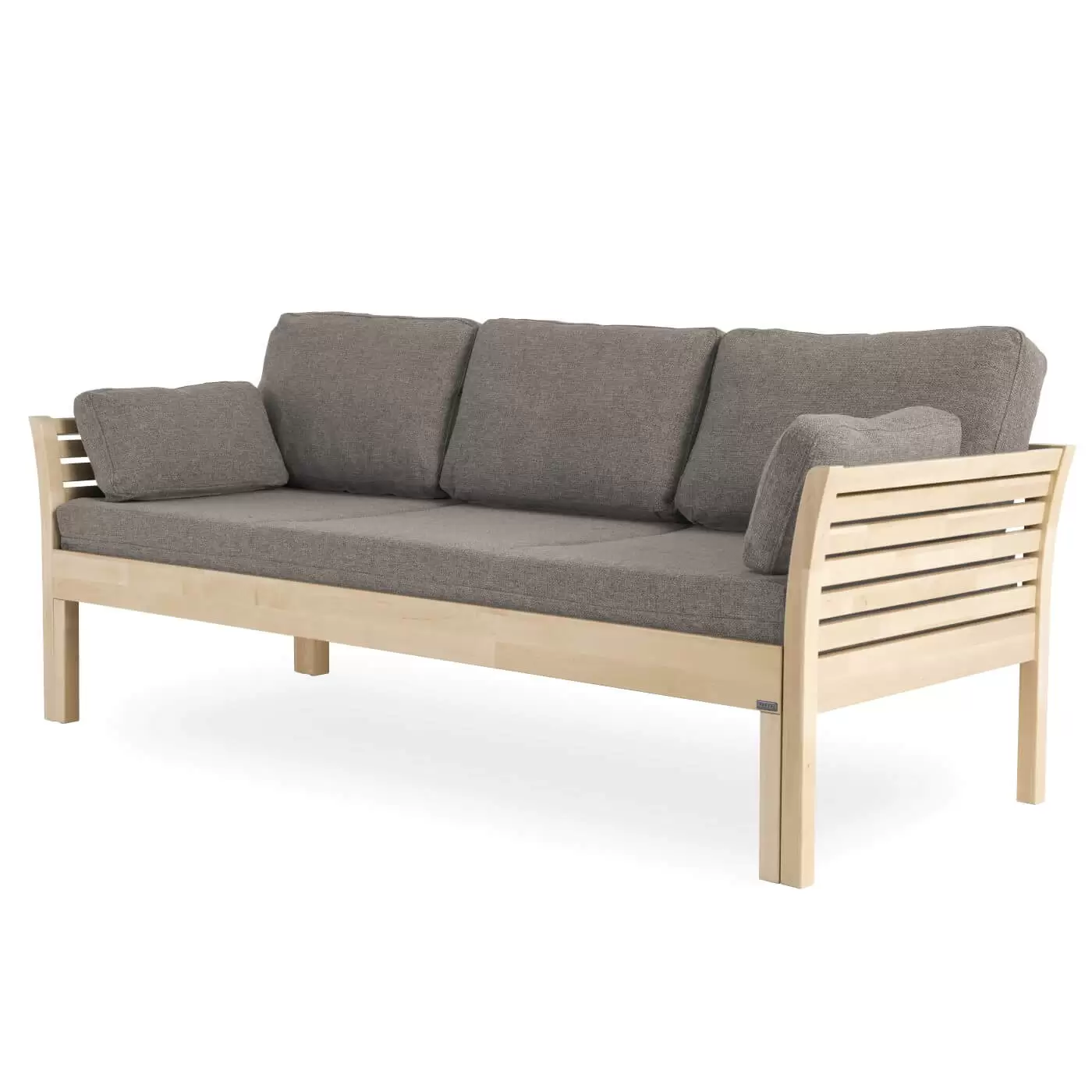 Sofa skandynawska KANERVA na wysokich nóżkach, z litego drewna brzozy, z beżowym materacem i 5 poduszkami. Nowoczesny design