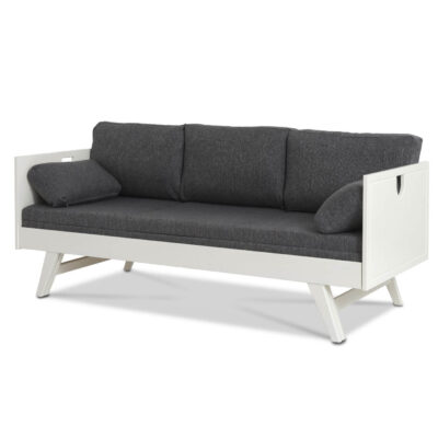 Sofa z drewnianymi bokami NOTTE na wysokich nóżkach, rozkładana, z brzozy skandynawskiej lakierowanej na biało, z szarym materacem i 5 poduszkami. Nowoczesne minimalistyczne wzornictwo