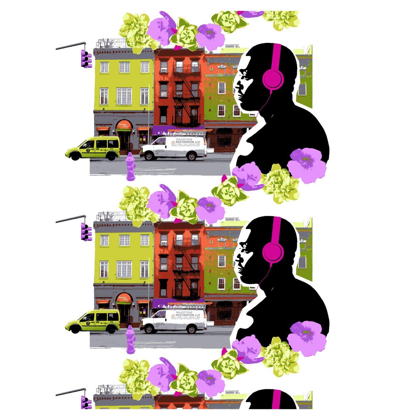 Zasłona młodzieżowa HEATWAVE. Wzór gotowej kolorowej zasłony z ulicą Nowego Jorku, różami i czarną postacią mężczyzny słuchającego muzyki w słuchawkach. Nowoczesne skandynawskie wzornictwo