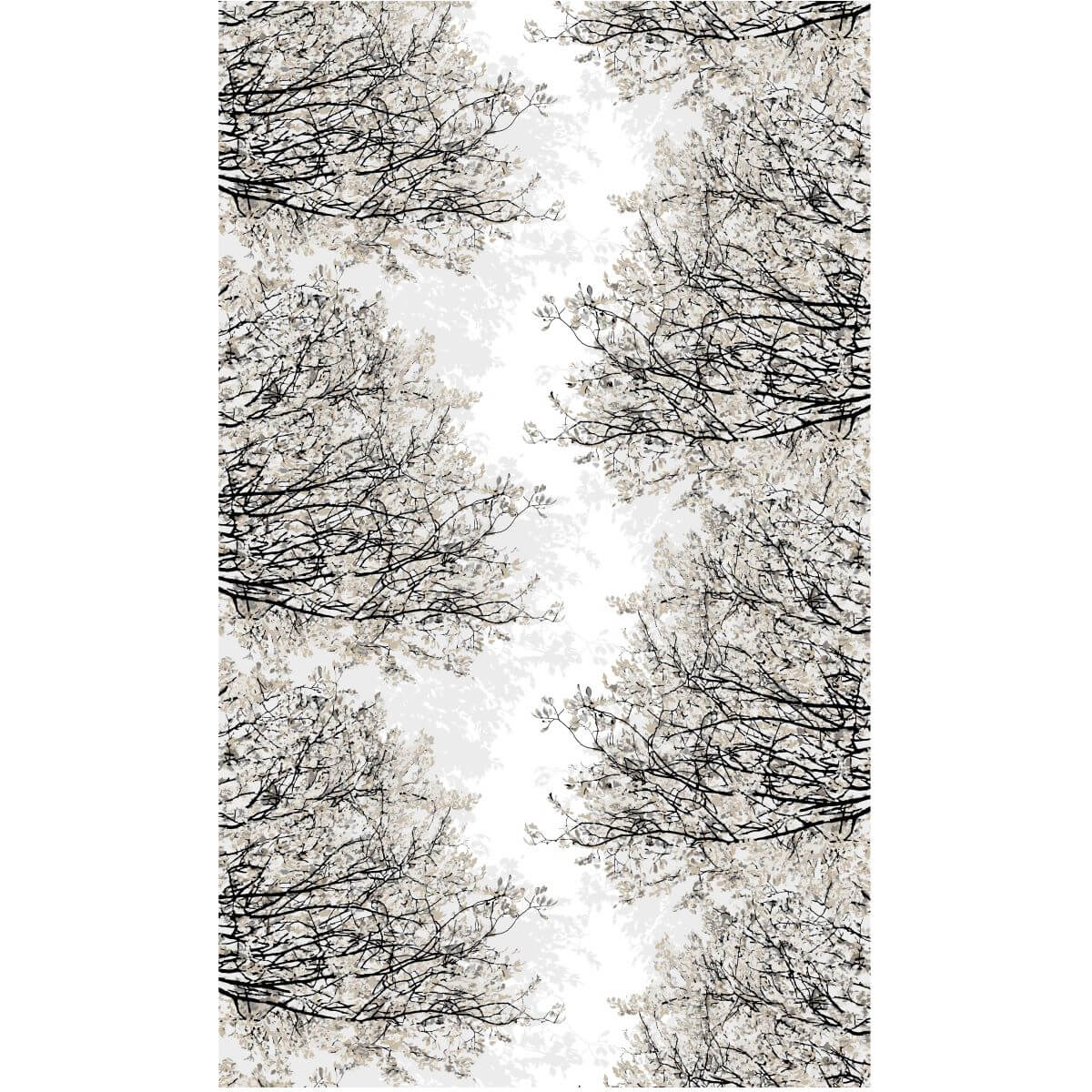 Zasłony bawełniane HAVINA. Wzór zasłony w drobne gałęzie i liście drzewa w odcieniach koloru beżowego na białym tle. Skandynawski design