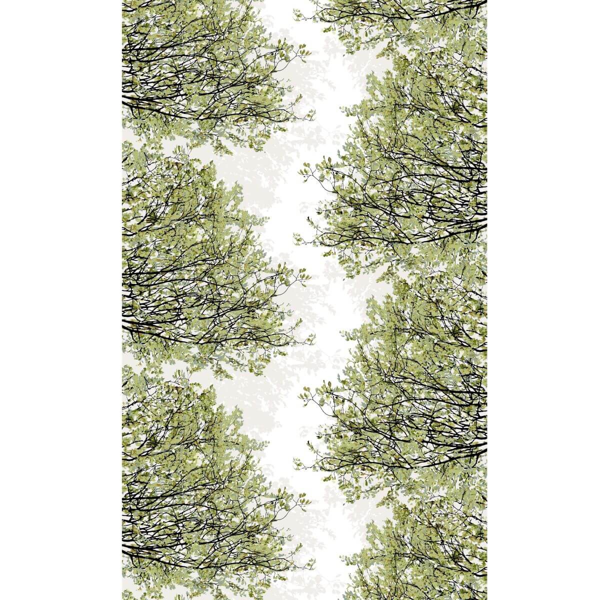 Zasłony bawełniane HAVINA. Wzór zasłony w drobne gałęzie i liście drzewa w odcieniach koloru zielonego na białym tle. Skandynawski design