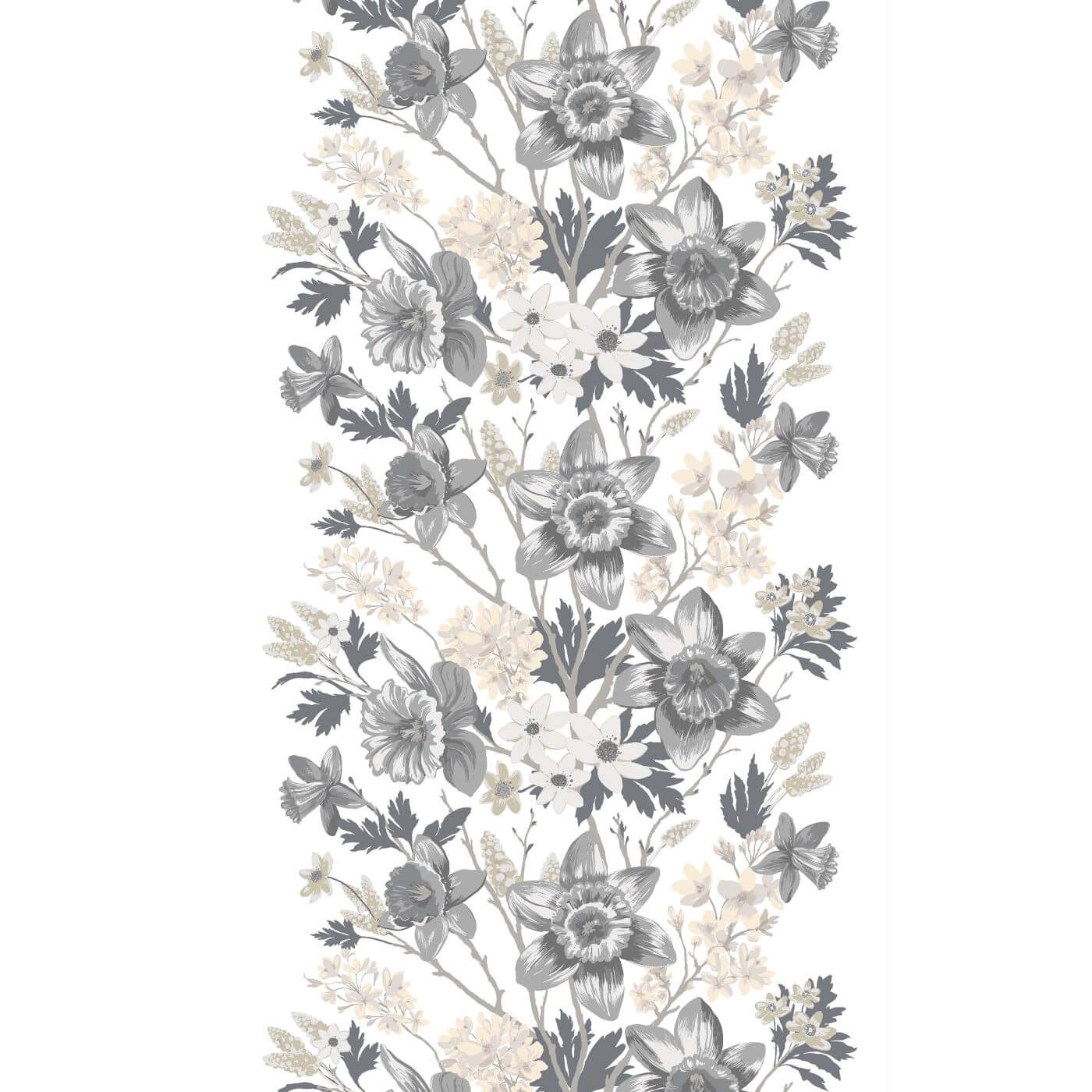 Zasłony gotowe w kwiaty do salonu KEVÄTJUHLA. Wzór skandynawskiej zasłony na taśmie z malowanymi kwiatami w jasnej kolorystyce szaro beżowej na białym tle