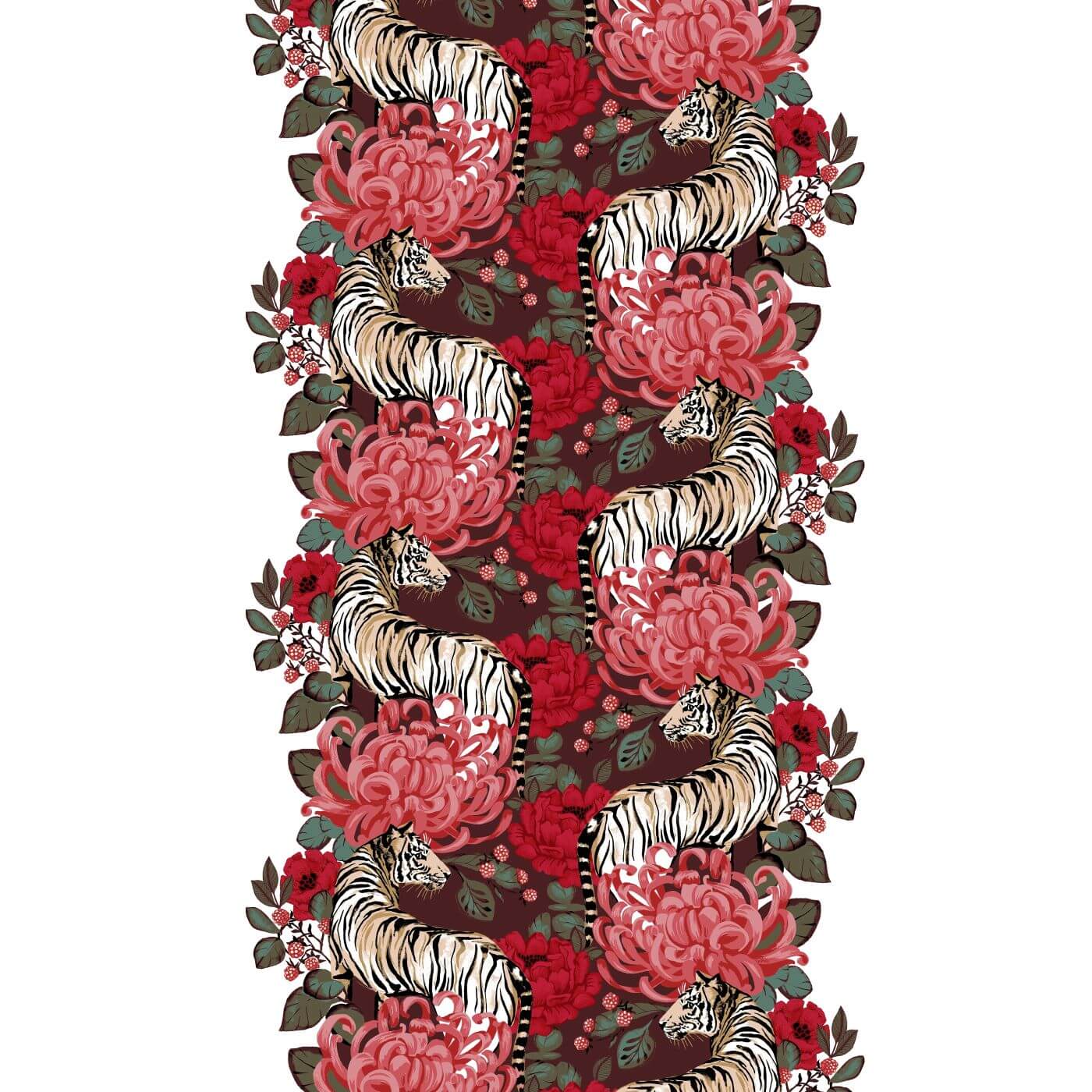 Zasłony kolorowe TIIKERINMARJA. Wzór zasłony kolorowej do salonu na taśmie w czerwone kwiaty i tygrysy. Skandynawski design