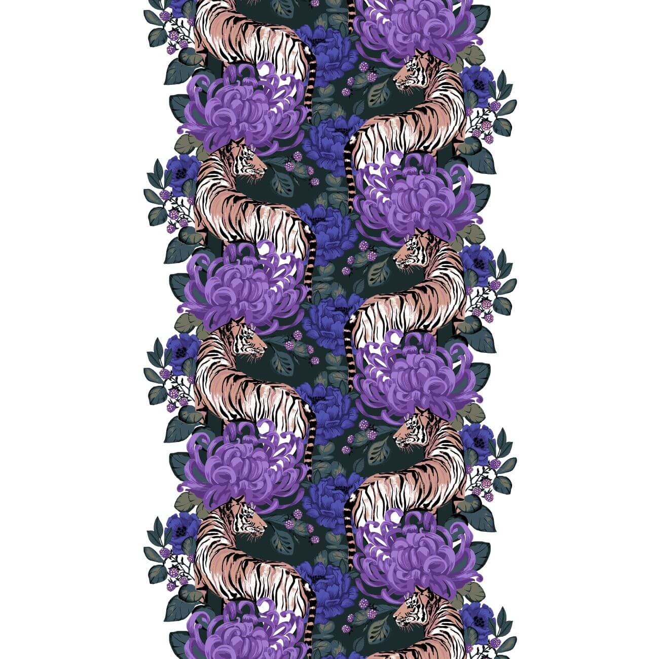 Zasłony kolorowe TIIKERINMARJA. Wzór kolorowej zasłony gotowej na taśmie do salonu w fioletowe kwiaty i tygrysy. Skandynawski design