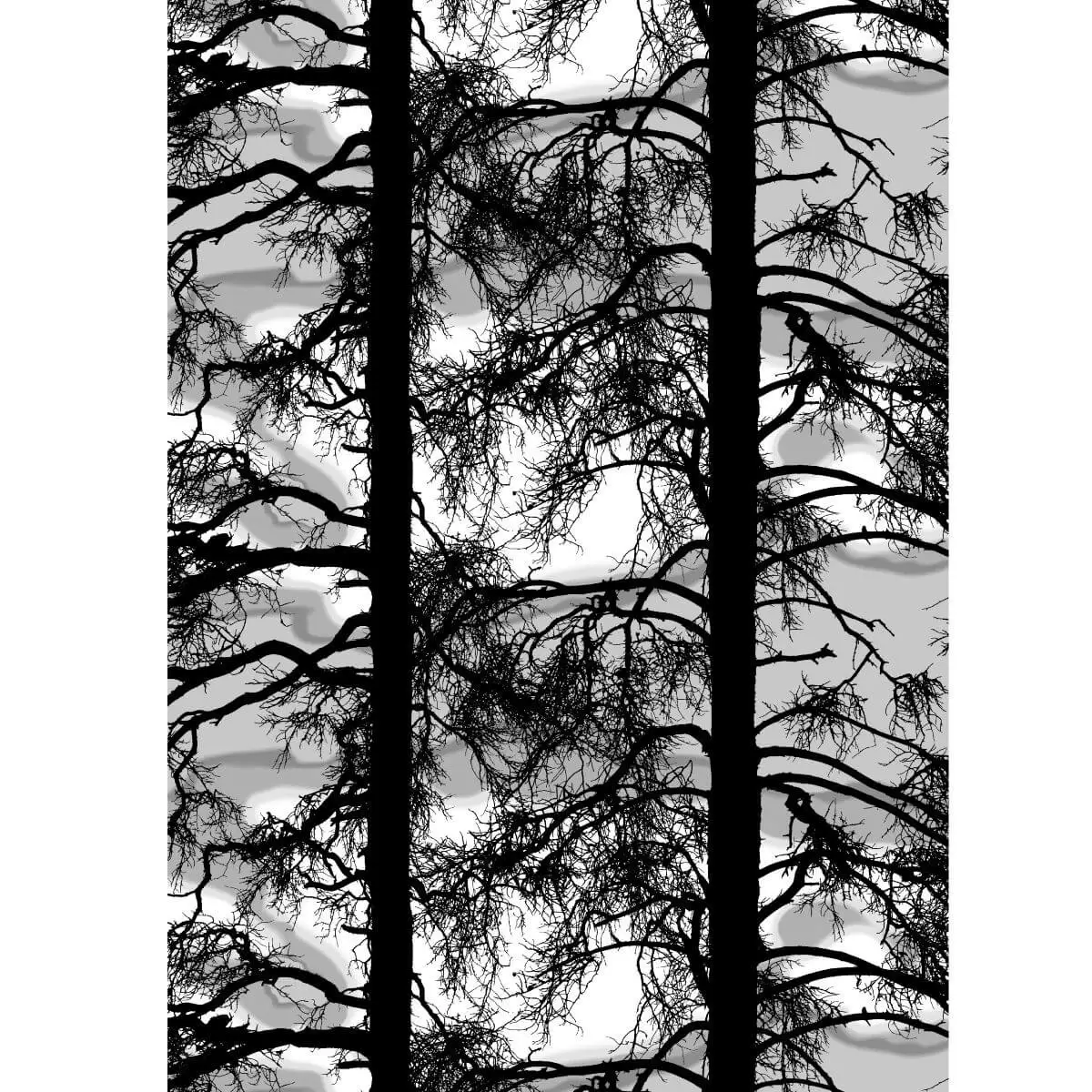 Nowoczesny wzór zasłony ozdobnej KELOHONKA do salonu. Czarne pnie i gałęzie drzew na tle odcieni kolorów szarego i białego. Skandynawski design
