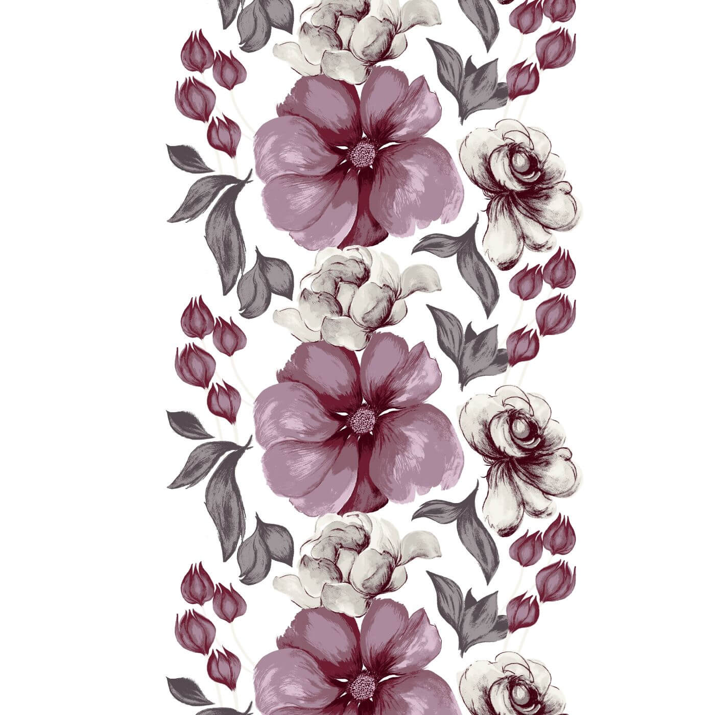 Zasłony w duże kwiaty ELEGIA. Wzór zasłony na taśmie 140×250 w duże fioletowe kwiaty na białym tyle. Widać też akcenty w kolorze szarym. Styl skandynawski