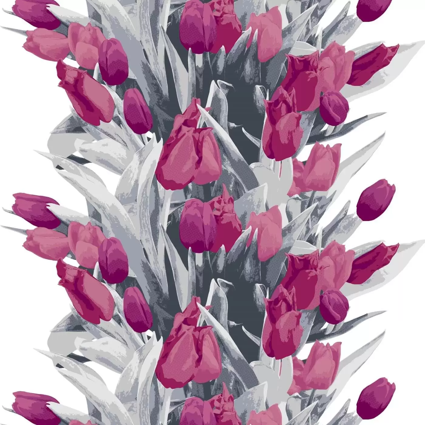 Zasłony w tulipany Pauliina. Fragment wzoru w fioletowe kwiaty tulipanów i szare liście na białym tle. Skandynawskie wzornictwo