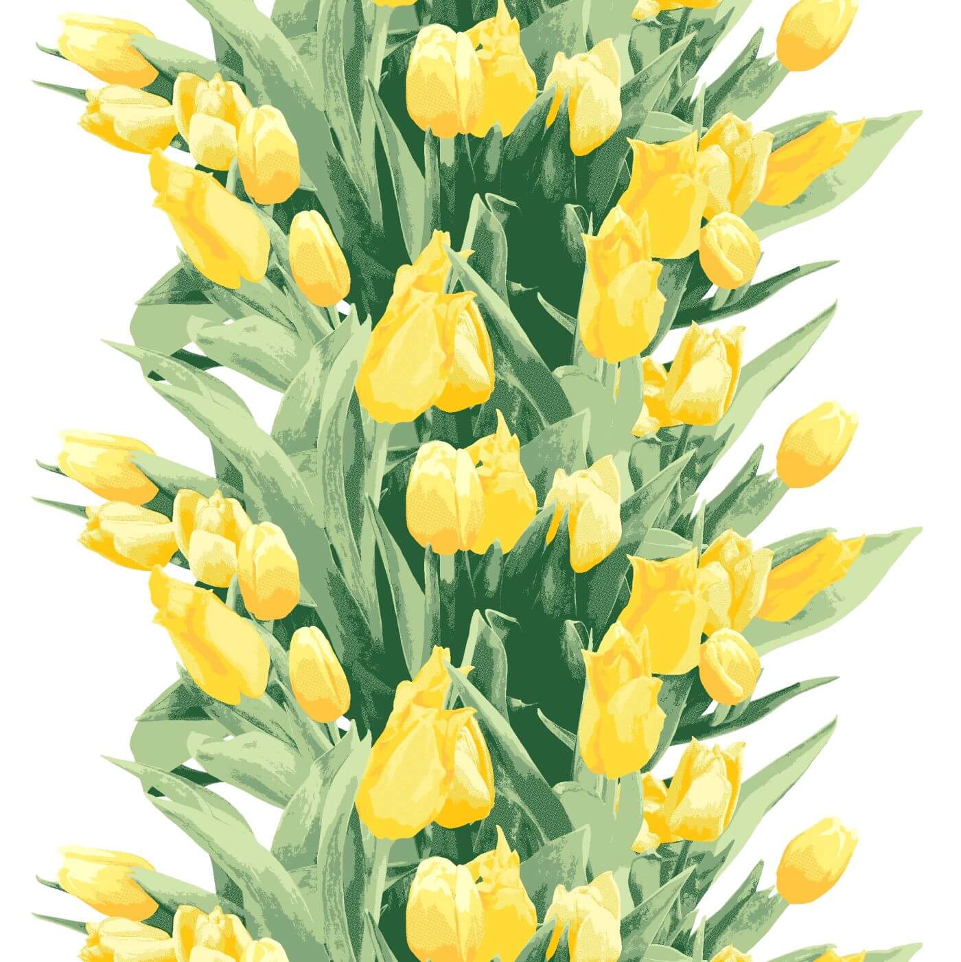 Zasłony w tulipany Pauliina. Fragment wzoru zasłony z tulipanami w żółte kwiaty i zielone liście na białym tle. Skandynawski design