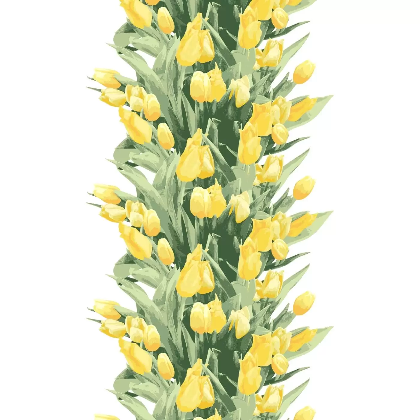 Zasłony w tulipany Pauliina. Wzór zasłony z tulipanami w żółte kwiaty i zielone liście na białym tle