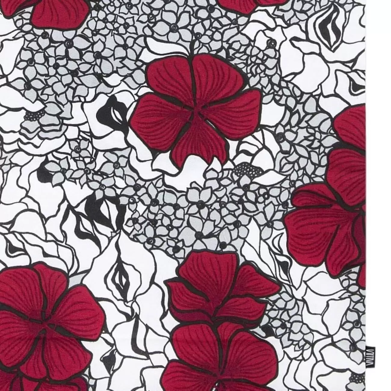 Duża torba bawełniana w kwiaty ELLE. Graficzny wzór w splecione czerwone i szare kwiaty na białym tle. Skandynawski nowoczesny design