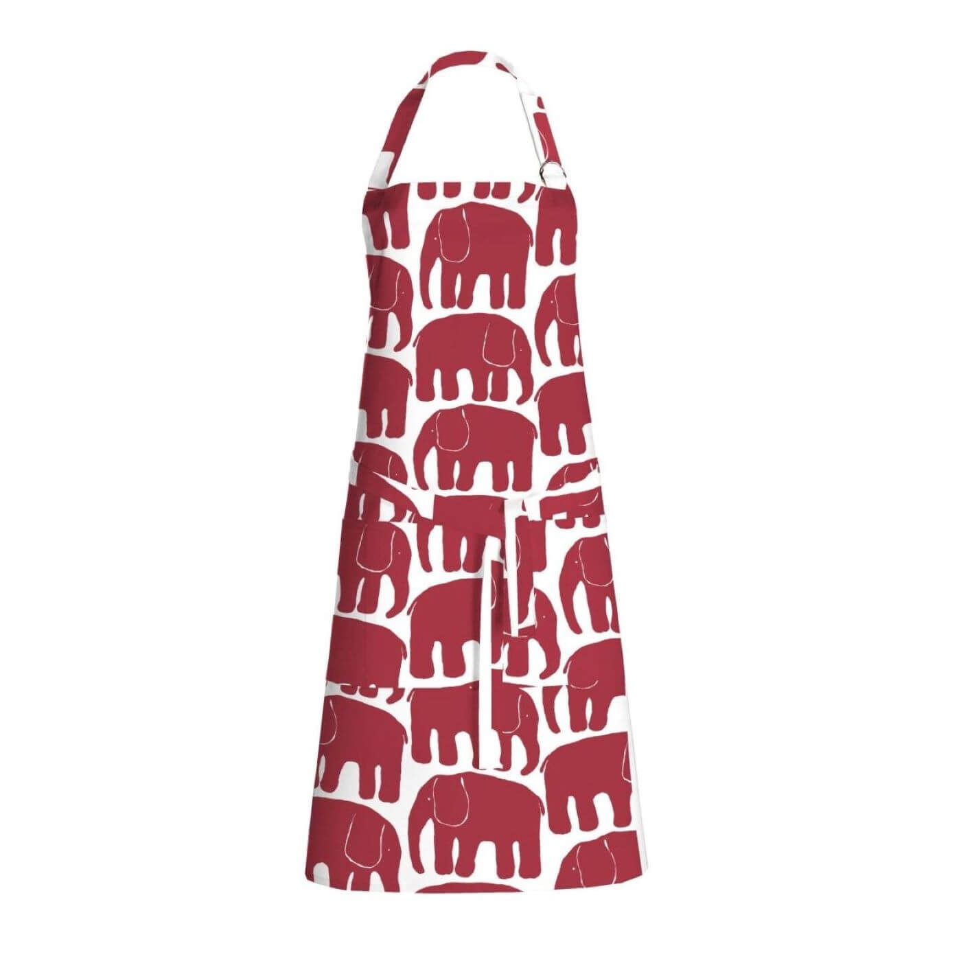 Fartuch kuchenny bawełniany ELEFANTTI biały w nowoczesne graficzne uproszczone malowane czerwone słonie. Fartuch bawełniany biało czerwony damski lub męski widoczna w całości. Skandynawski design