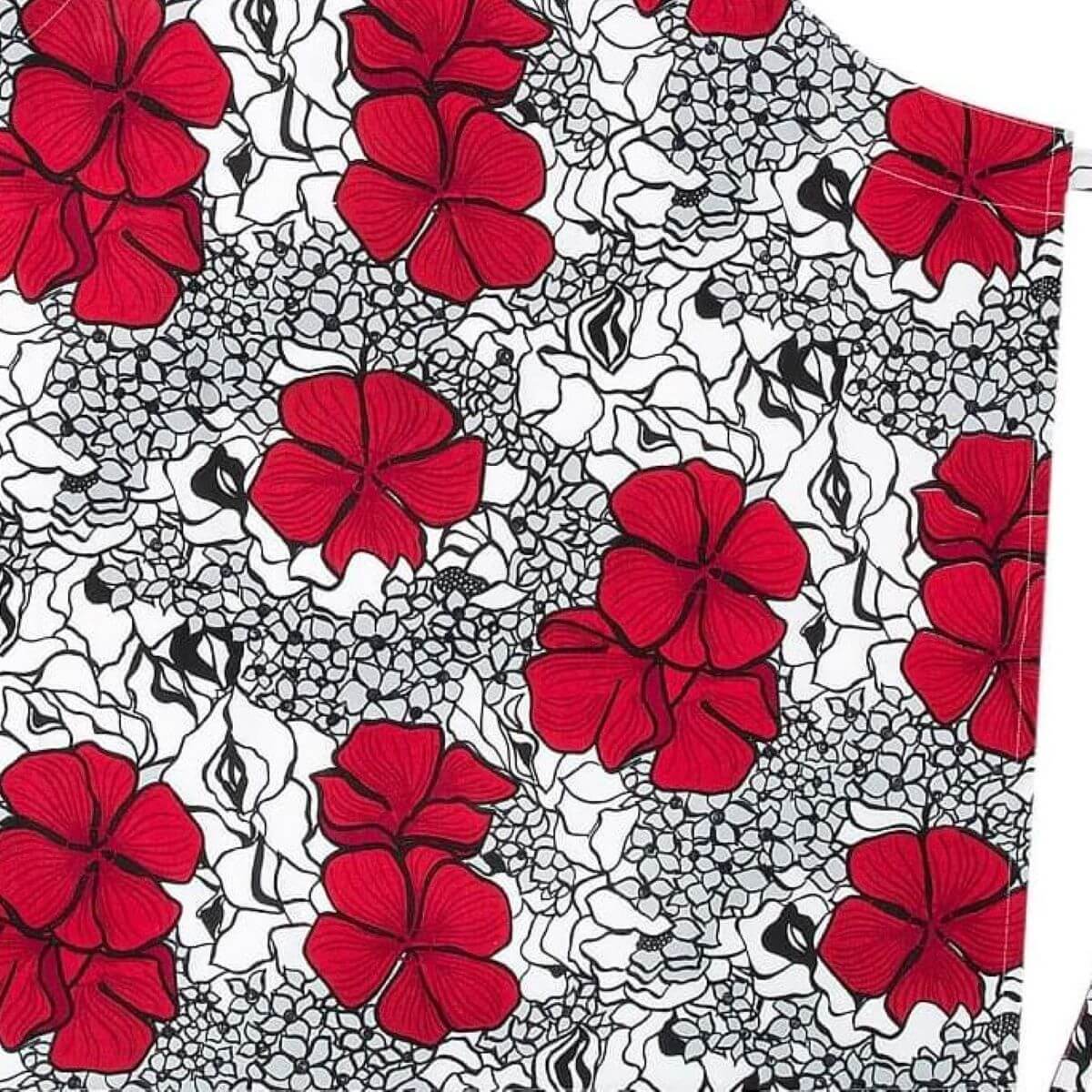 Fartuch kuchenny damski ELLE. Graficzny wzór w splecione eleganckie czerwone i drobne szare kwiaty na białym tle. Skandynawski nowoczesny design