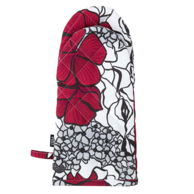 Kuchenna rękawica w kwiaty ELLE w nowoczesne eleganckie czerwone i drobne szare kwiaty na białym tle. Rękawica do kuchni widoczna w całości. Skandynawski design