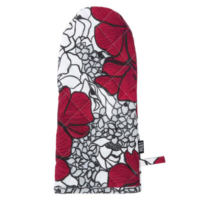 Kuchenna rękawica w kwiaty ELLE z graficznym wzorem splecionych eleganckich czerwonych i szarych kwiatów na białym tle. Rękawica do kuchni widoczna w całości od wierzchniej strony. Skandynawski nowoczesny design