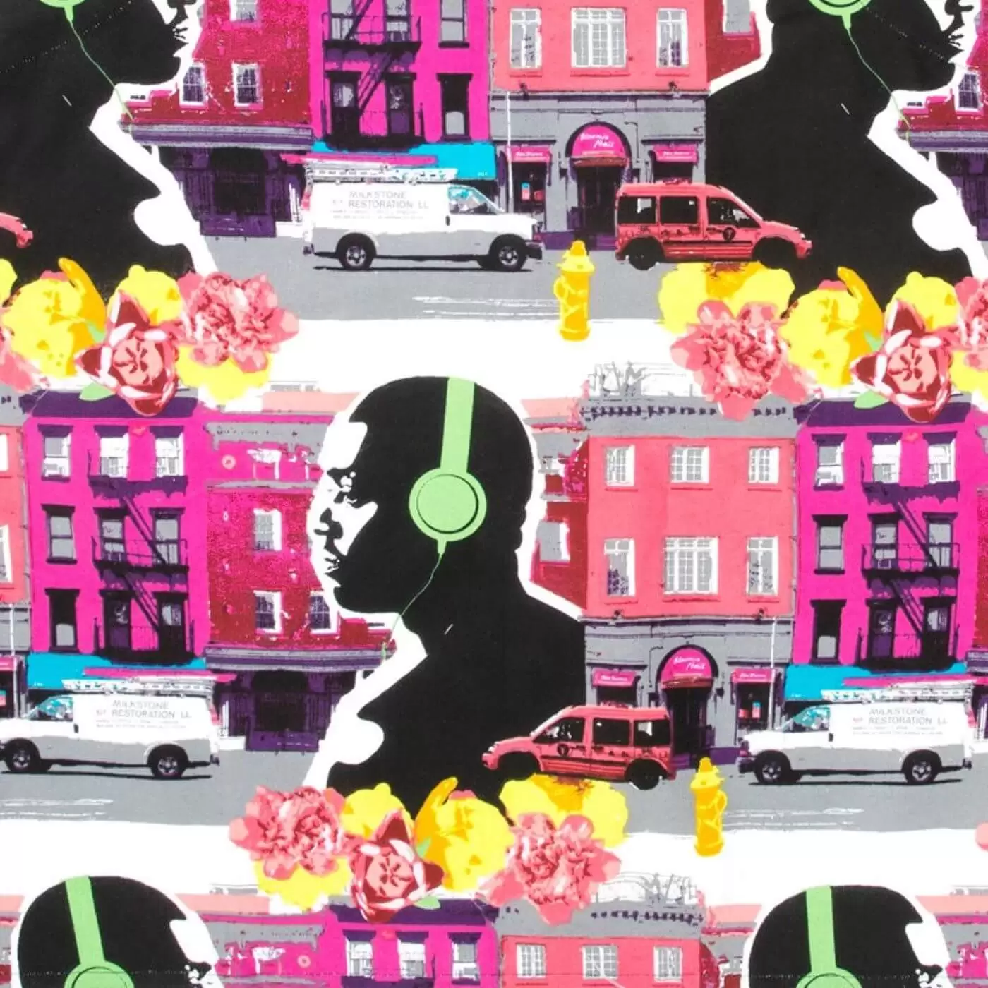 Młodzieżowy fartuch do kuchni New York. Kolorowy wzór z ulicą Nowego Jorku, różami i czarną postacią mężczyzny słuchającego muzyki w słuchawkach. Skandynawski nowoczesny design