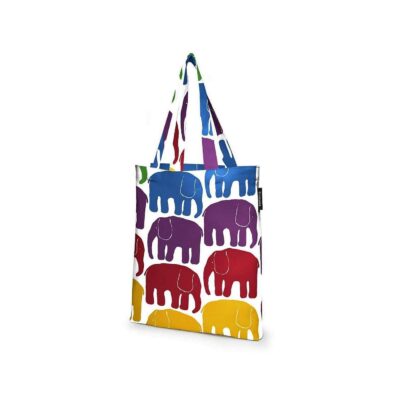 Torba bawełniana kolorowa ELEFANTTI w nowoczesne graficzne uproszczone malowane słonie. Kolorowa torba bawełniana na zakupy widoczna w całości. Skandynawski design