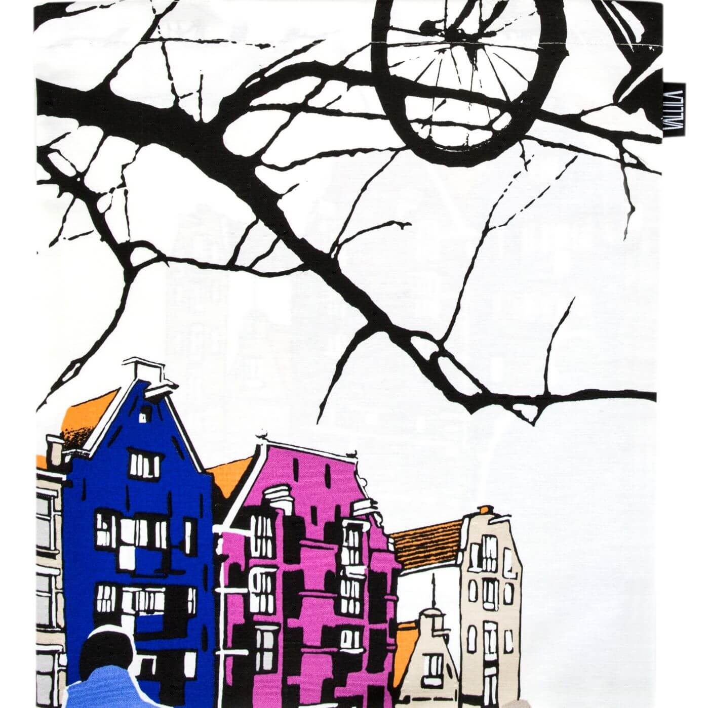 Torba bawełniana z nadrukiem AMSTERDAM. Wzór z kolorowymi domkami starego miasta, fragmentem bezlistnych gałęzi drzewa i koła roweru. Skandynawski nowoczesny design