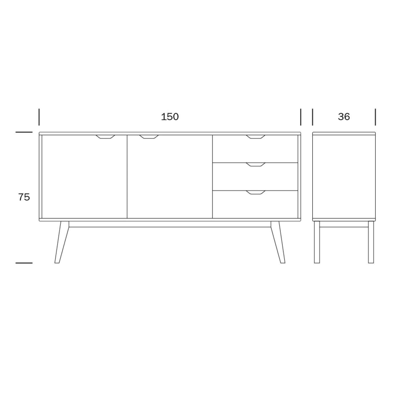 Długa komoda KOLO. Wymiary nowoczesnej komody drewnianej do salonu lub do sypialni na rysunku technicznym