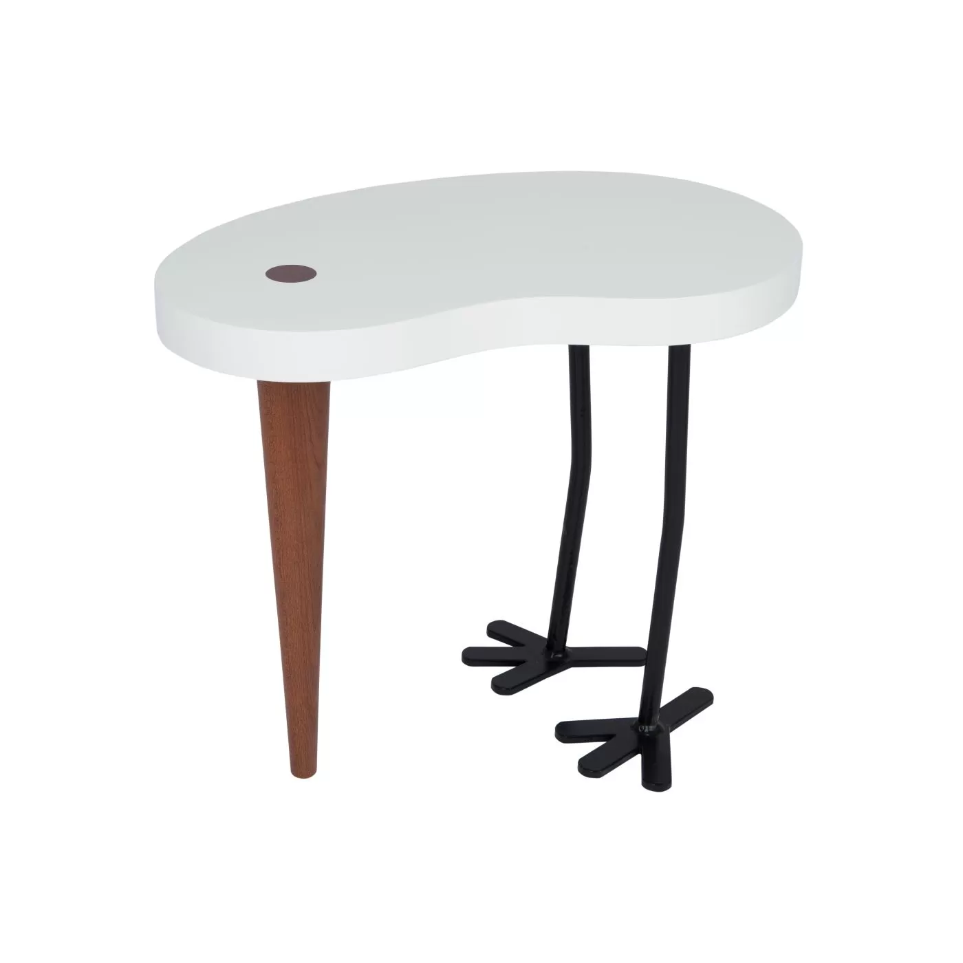 Stolik kawowy, z drewniany białym blatem, jedną mahoniową nogą i dwoma metalowymi nogami w kolorze czarnym.