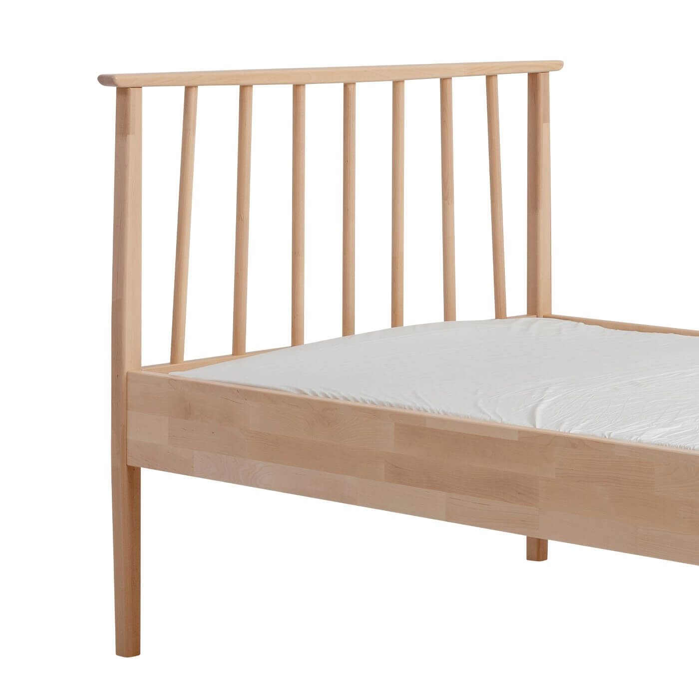 Łóżko drewniane 90x200 NOEL. Fragment łóżka z drewnianym wysokim ażurowym szczytem i materacem. Nowoczesny skandynawski design