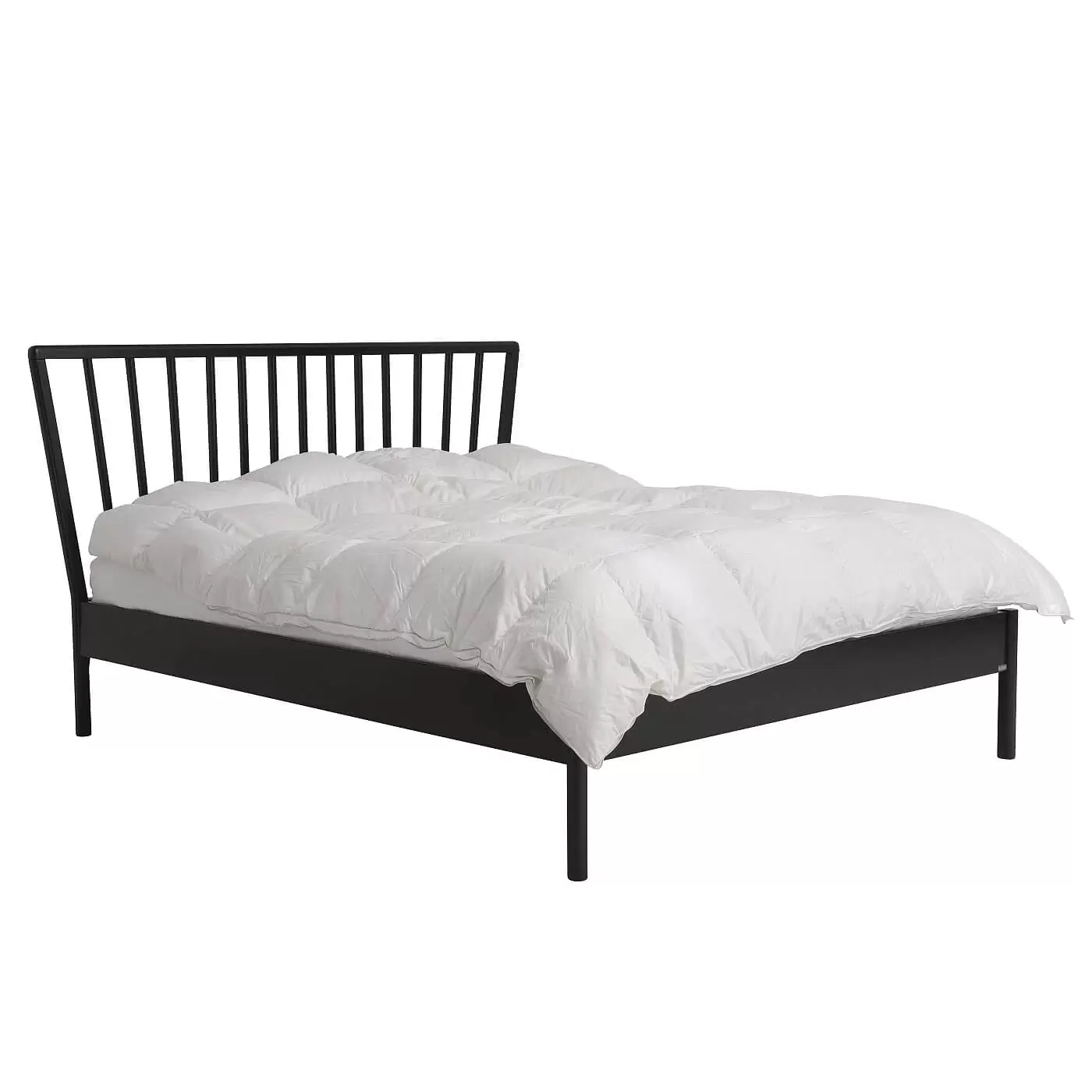 Łóżko skandynawskie czarne MELODIA. Widok w całości łóżka do sypialni z drewnianym czarnym wysokim ażurowym szczytem. Na czarnym łóżku 160x200 na wysokich nóżkach leżąca biała kołdra
