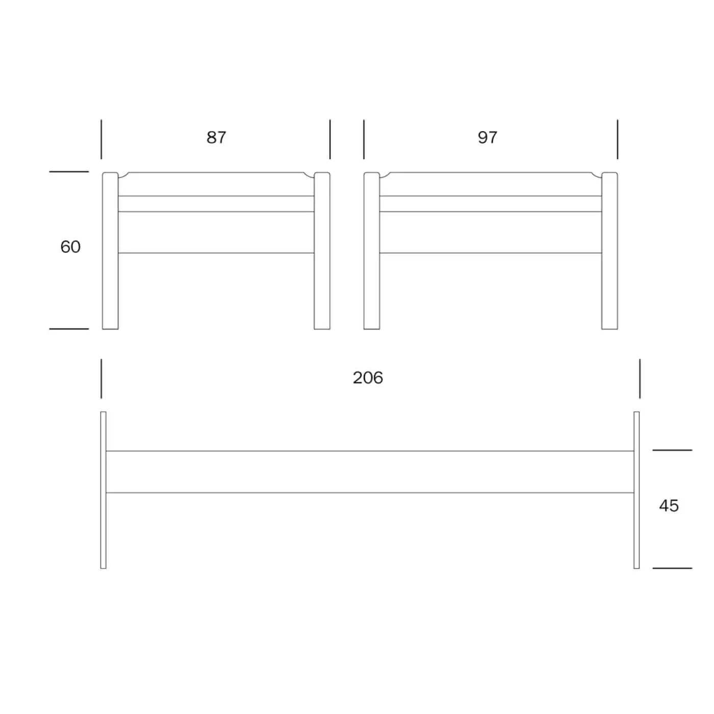 Łóżko z niskim zagłówkiem KUUSAMO. Wymiary zewnętrzne łóżka 80x200 i 90x200 z drewna brzozy skandynawskiej przedstawione na rysunku technicznym