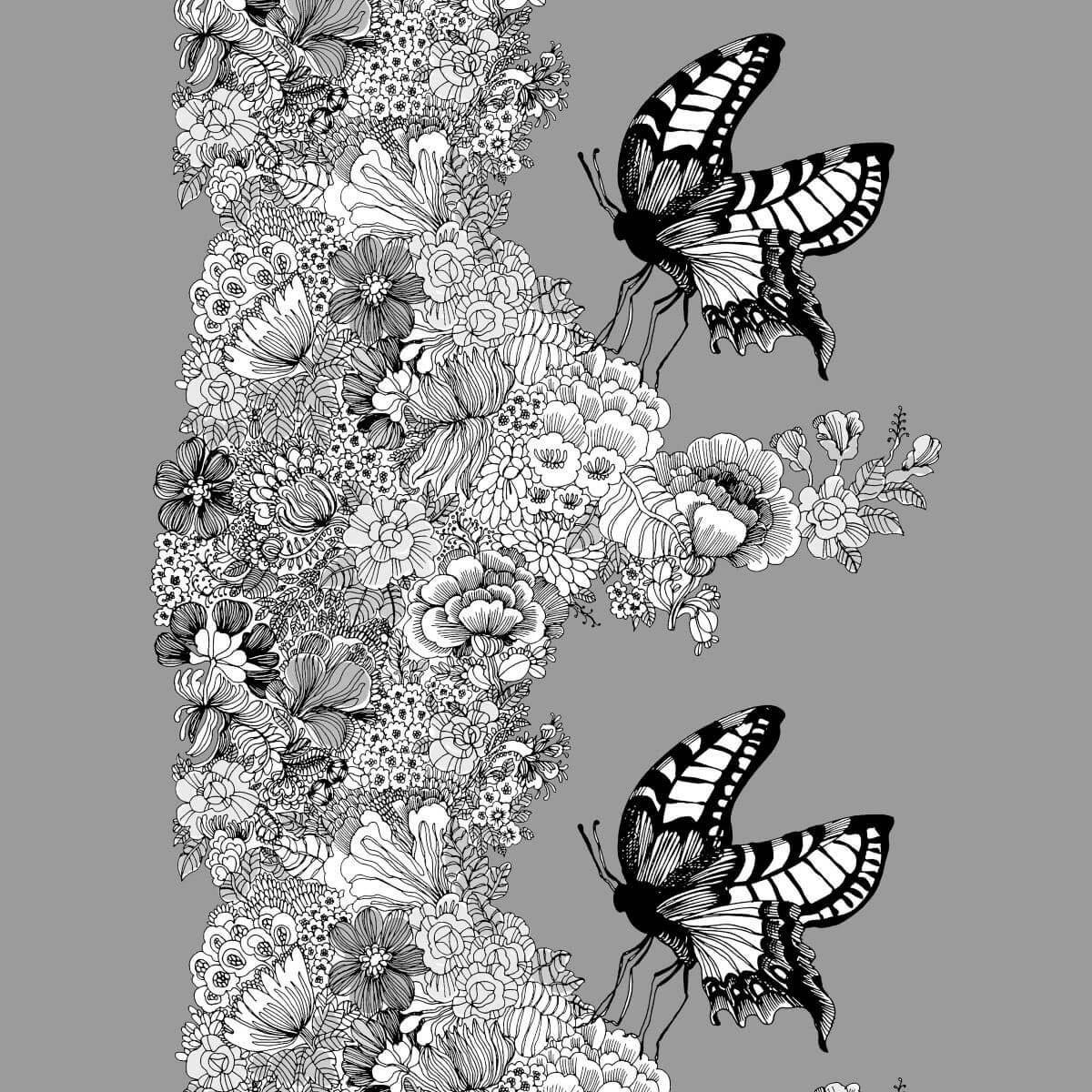 Pościel w motyle MON AMOUR. Wzór w czarno białe motyle i kwiaty na szarym tle. Skandynawski nowoczesny design